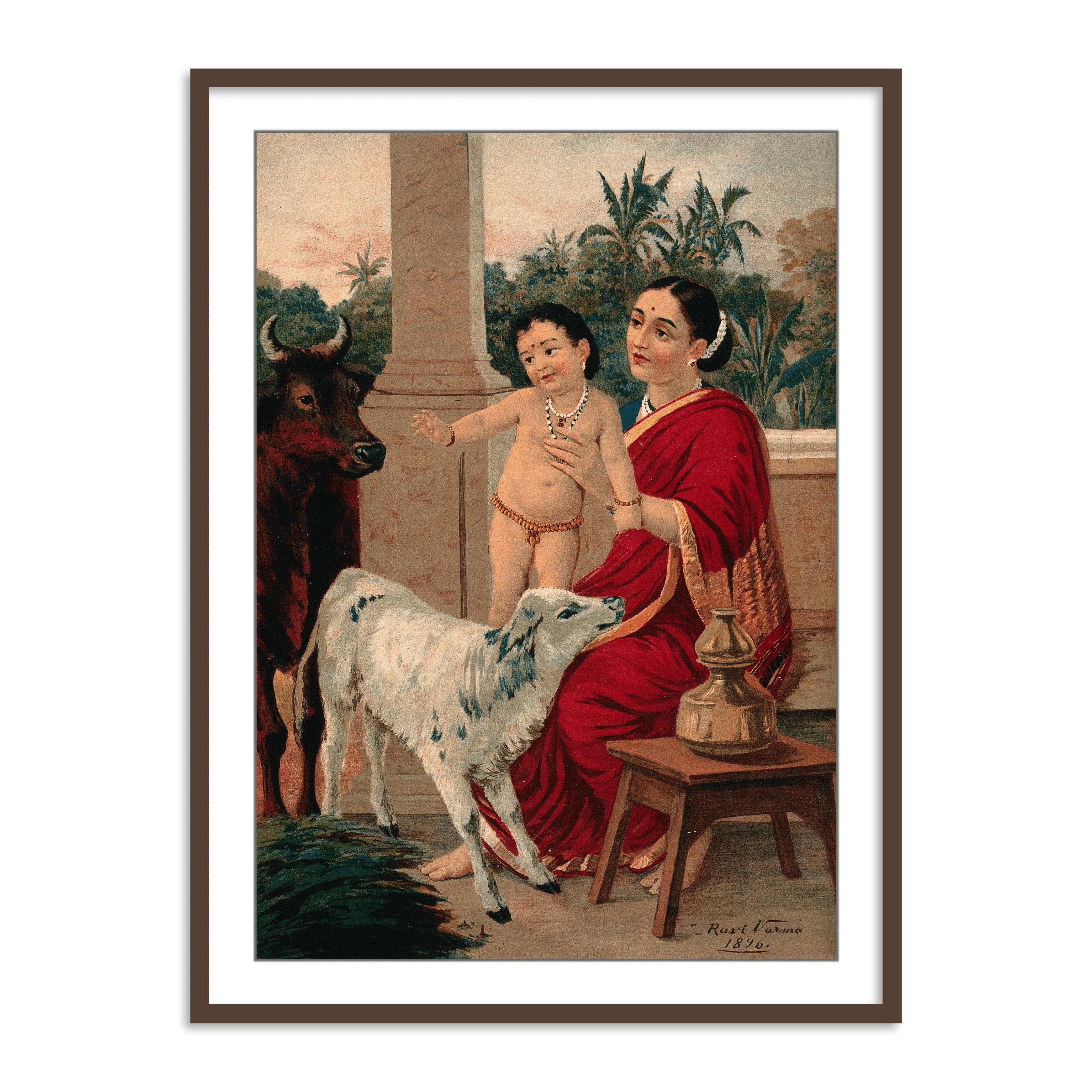 Krishna as an infant on Yasoda's lap playing with a cow and a calf by Raja Ravi Varma Wall Art