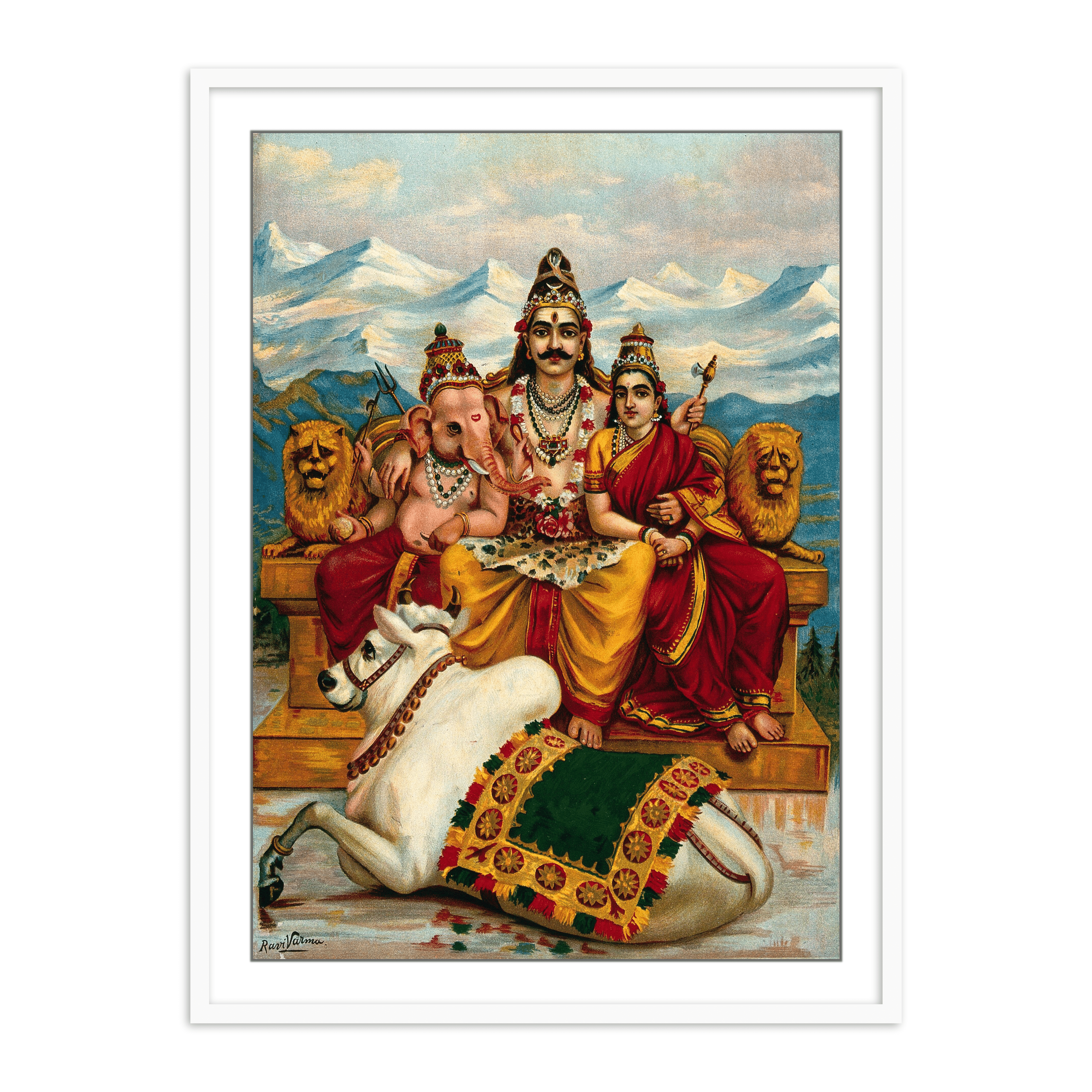 Shiva, Parvati and Ganesha enthroned on Mount Kailas by Raja Ravi Varma Wall Art Print