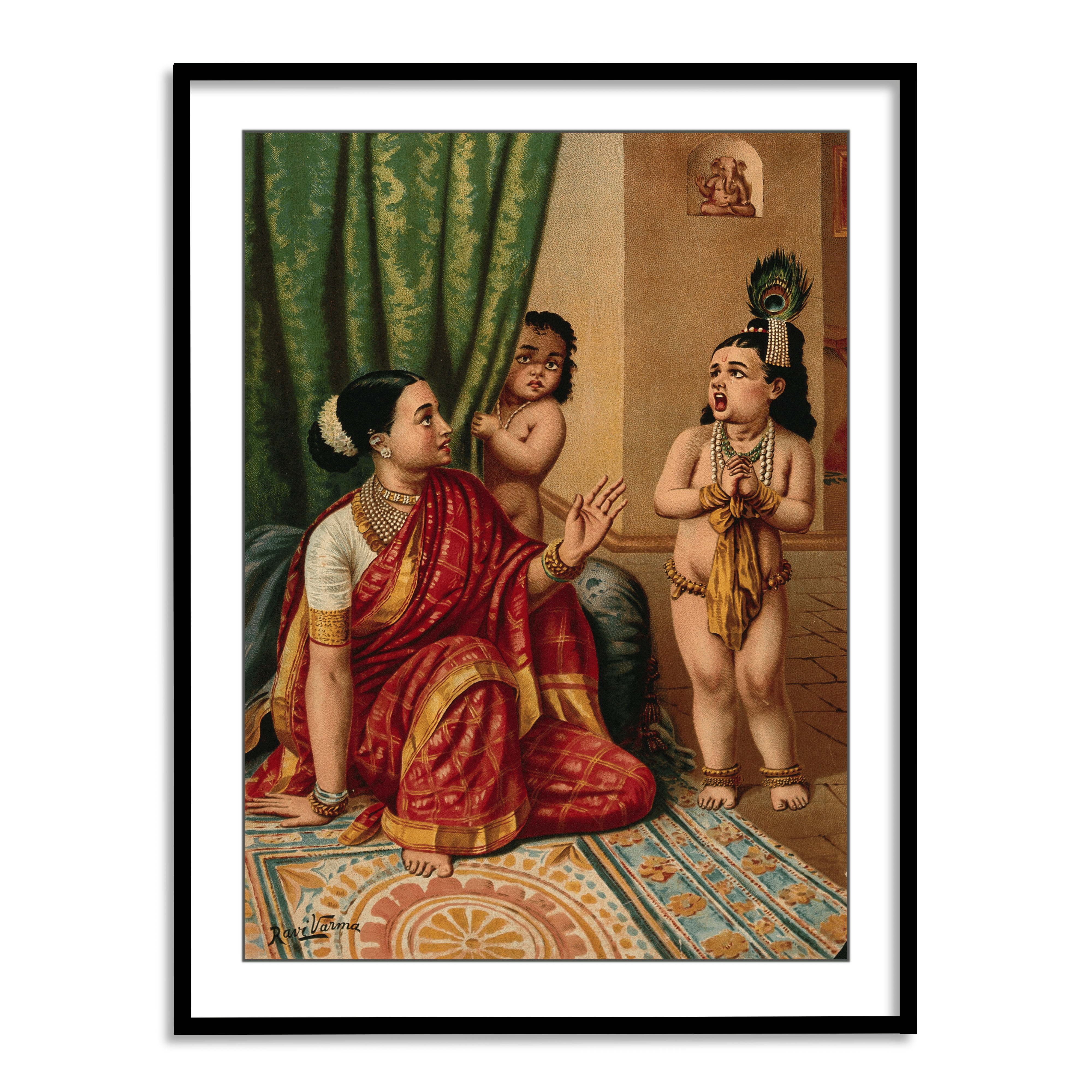 Famous Yasoda glimpses the whole universe inside Krishna's mouth by Raja Ravi Varma Wall Art