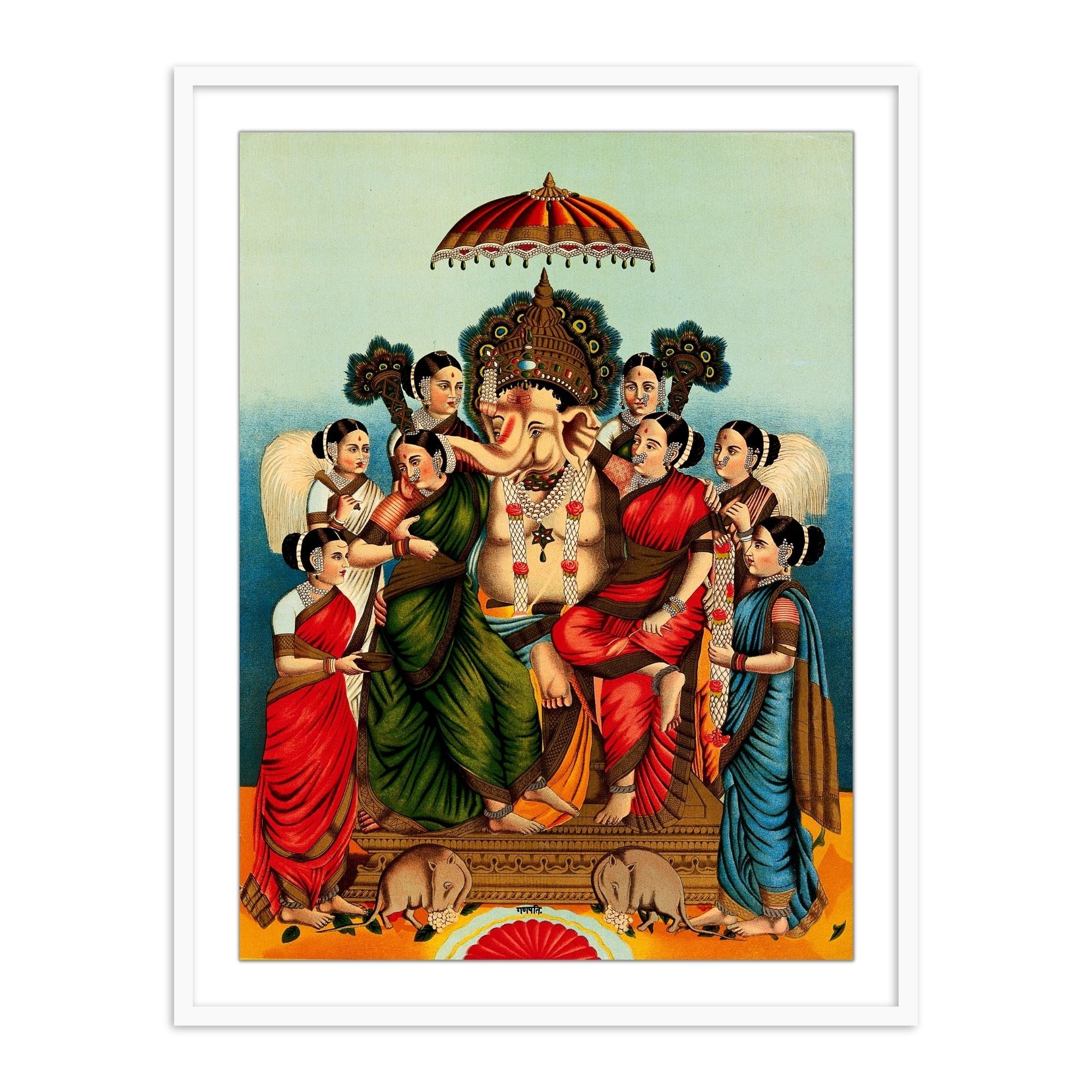 Ganesha and his Two Wives, Siddhi and Buddhi framed wall painting