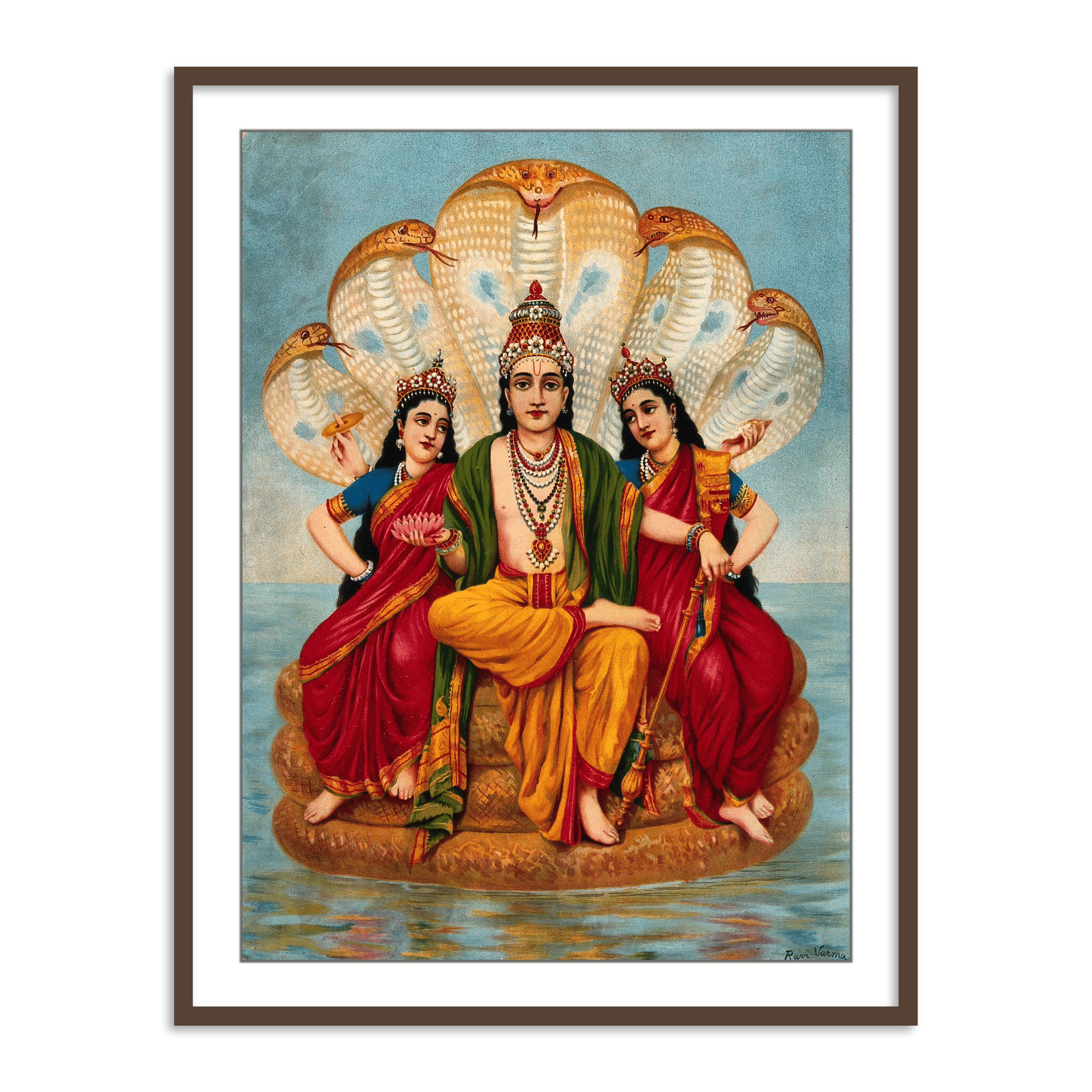 Vishnu flanked by two wives resting on Shesa by Raja Ravi Varma Wall Art