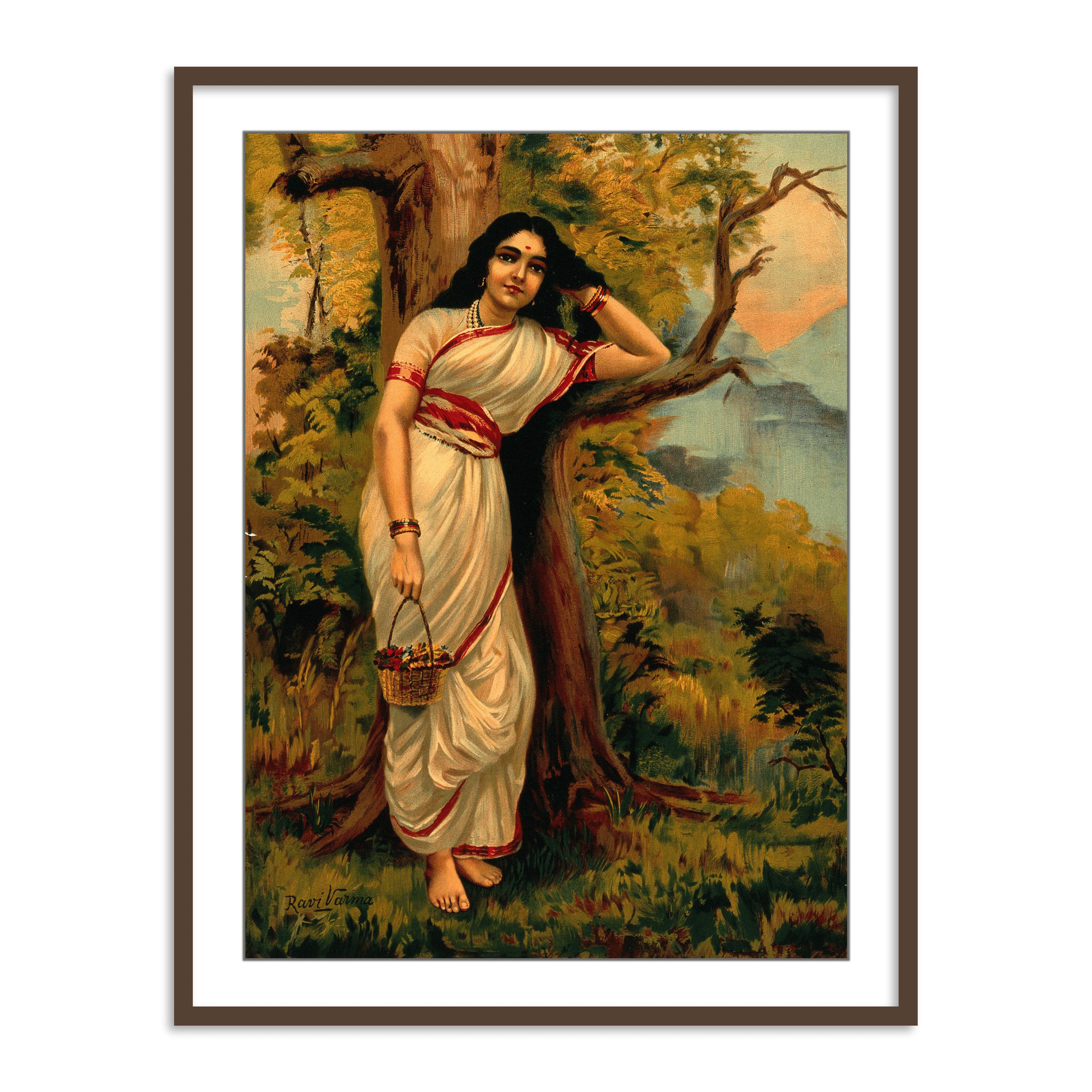 Ahalya leaning on tree by Raja Ravi Varma Wall Art Print for Home Decor