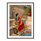 A seated Indian woman plays a sitar next to a garden pond (Kadambari) by Raja Ravi Varma Wall Art