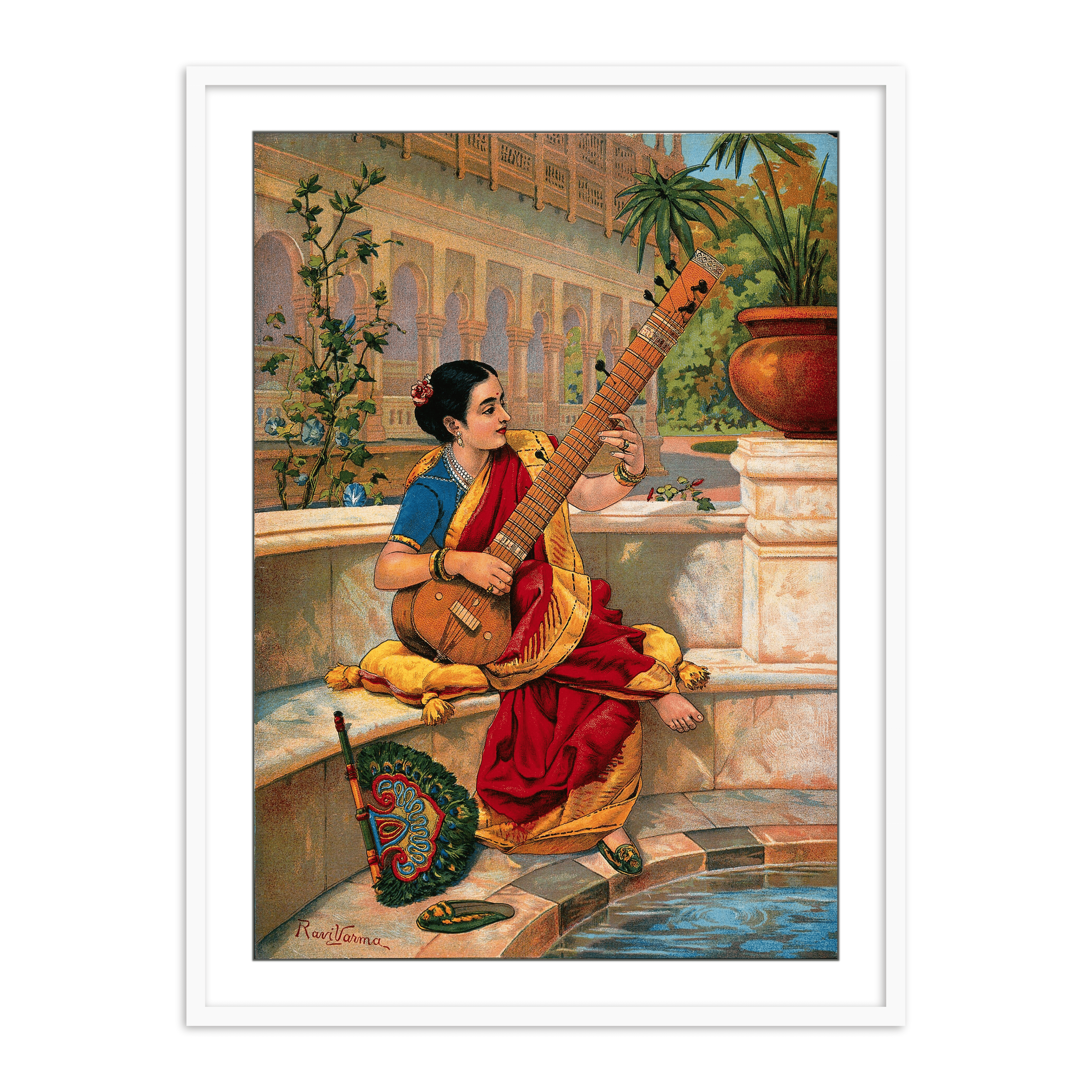 A seated Indian woman plays a sitar next to a garden pond (Kadambari) by Raja Ravi Varma Wall Art