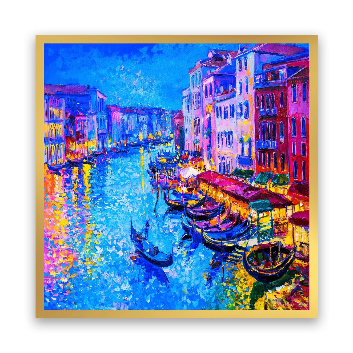 abstract painting of a canal and boats anchoned in it from anciq